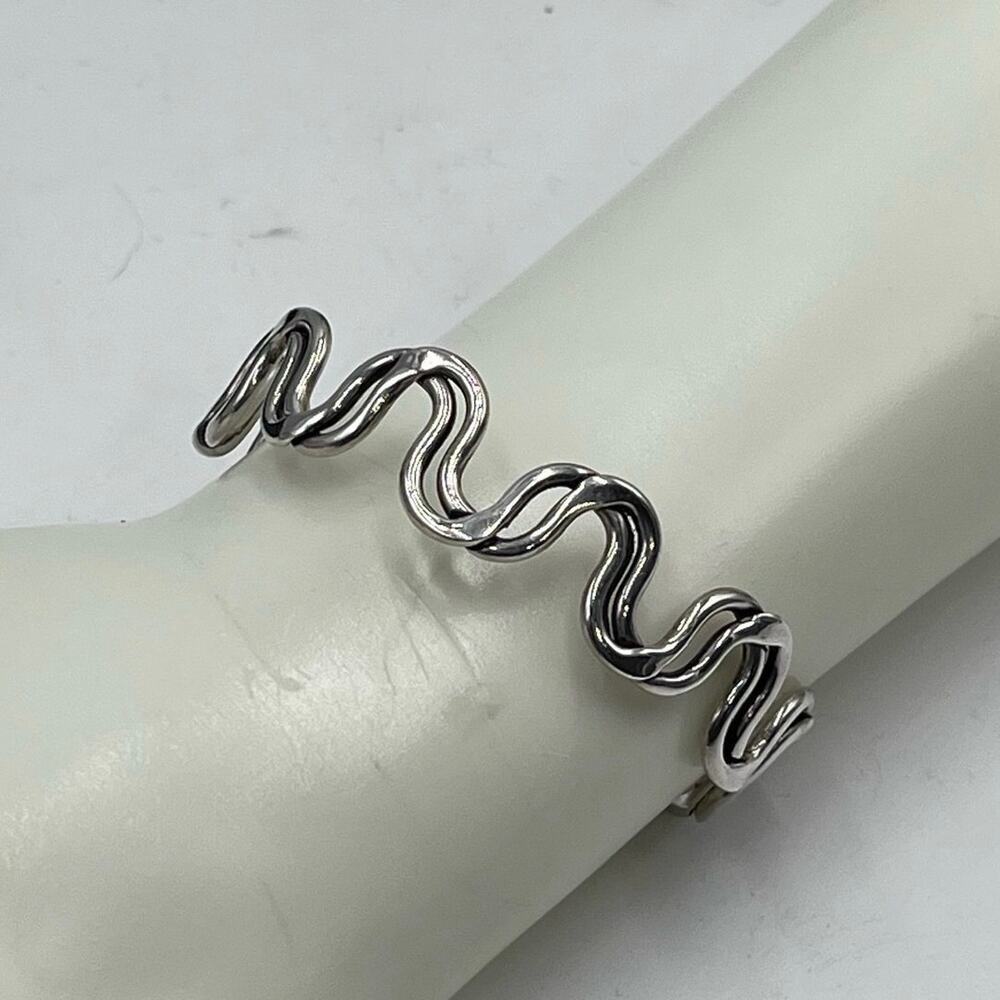 Stamped .925 Sterling Silver Intertwined‎ Wavy Squiggles Artisan Cuff Bracelet